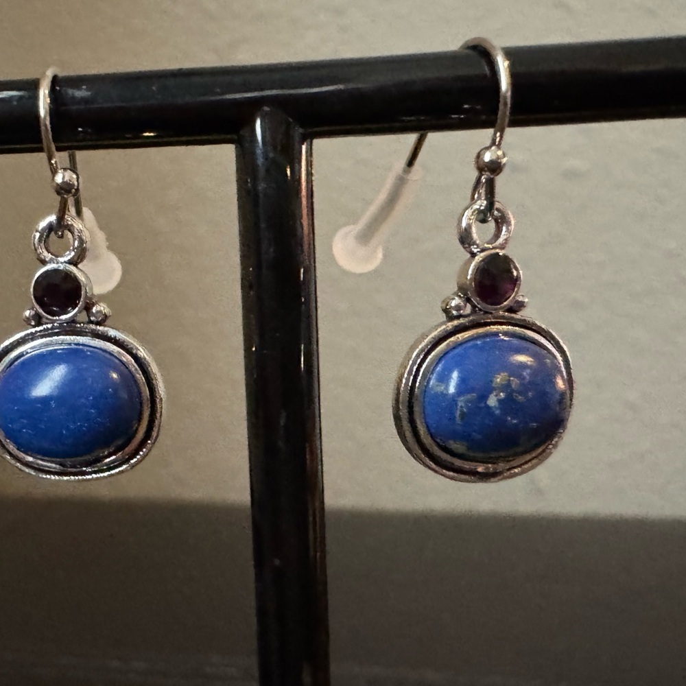 Elegant Blue, Red, and Silver Tone Dangle Earrings